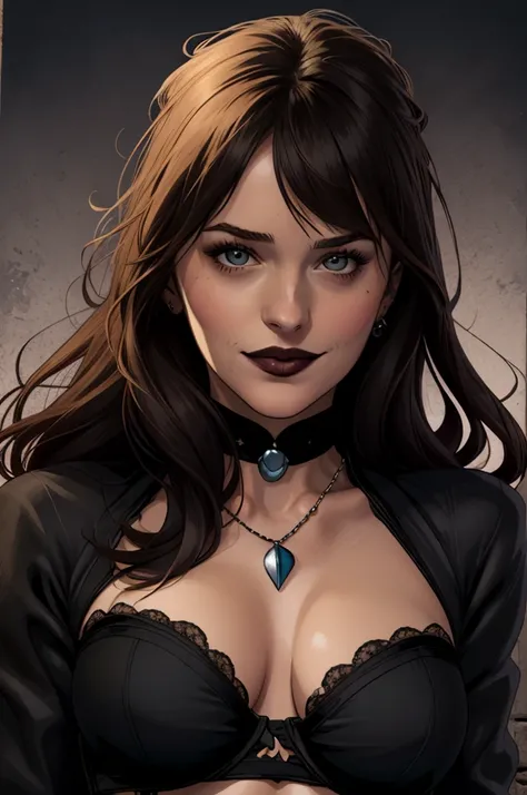  Close-up of a woman in a black blouse and a black bra ,  Charlie Bowater art style , estilo Charlie Bowater, vampire portrait, arte do personagem Charlie Bowater, Alena Aenami and Artgerm, Neoartcore e Charlie Bowater,  Charlie Bowater rich and deep color...