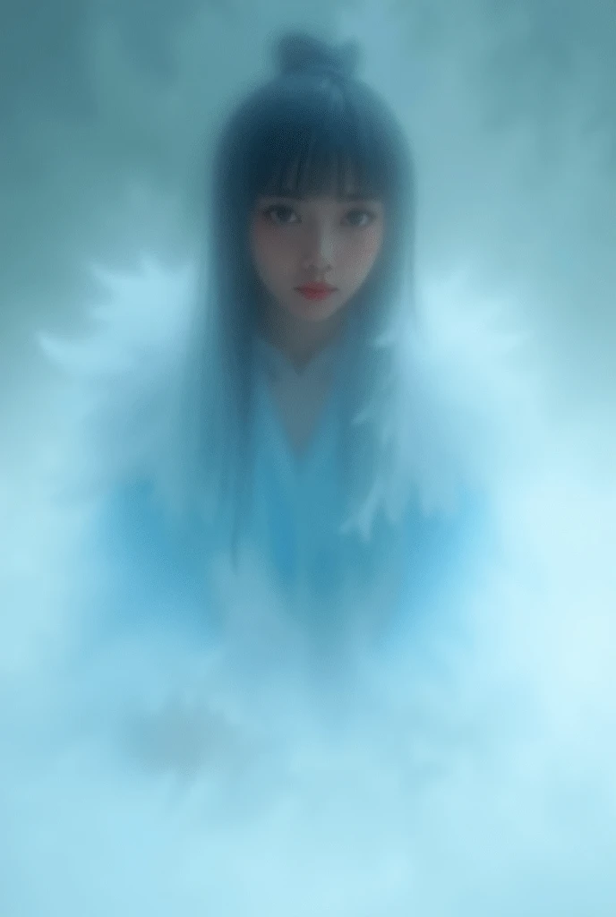 
 Chinese fantasy , arafed man in a blue shirt sitting on the floor filled with white feathers,  very delicate beauty ,  wearing a fur dress ,  fantasy xianxia , fairy tale ,  whole body made of white fur ,  very delicate young figure ,  very detailed, ban...