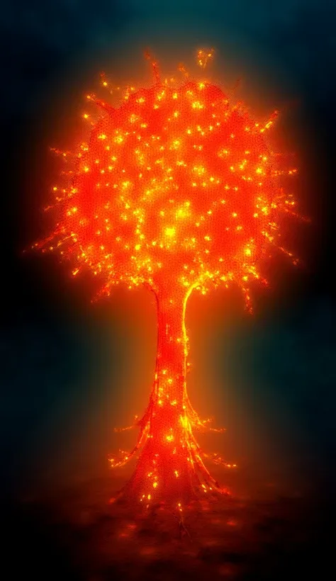 A stunning and highly detailed image of a surreal, glowing tree that appears to be made of flames. The tree radiates vibrant orange, yellow, and red hues, with its branches emitting fiery sparks and embers that drift gently in the air. The trunk glows as i...