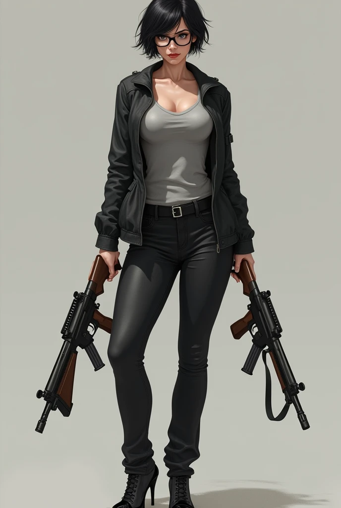  Girl Teen,  big breasts, fit,  sexy,  Holding Twin Shotguns ,  short black hair, Black eyes, Black Eyeglasses , Gray shirt, Low Waist,  Black Jacket ,  Black Long Legged Jeans,  black leather shoes, High heels, Drag Weapon Box 