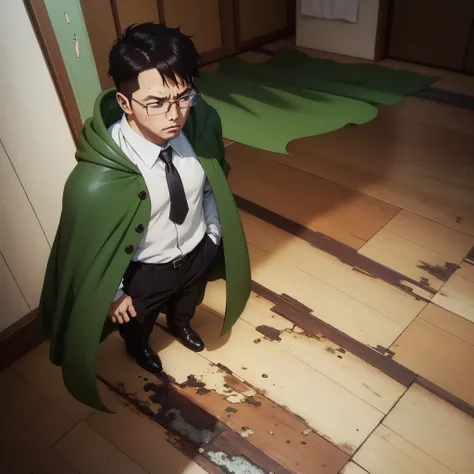 Boy  angry 、adenturer、、、、Head down、lose、guilty、despondency、sad、repression、Guilt、betrayal、chill、hurt、make up for、forgive、rounded glasses、green cape、full body、brown coat、white shirt、green tie、brown shorts、black boots、dinamic pose、1 、1 person、interior backgro...