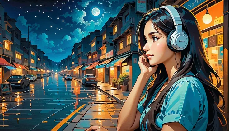  Indian woman with long hair admiring the night view,Streetscape、Listen to music on the radio