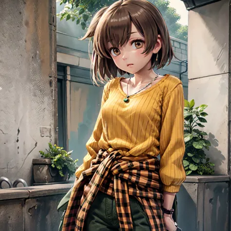 hiryuucasual, 1girl, orange sweater, ribbed sweater, long sleeves, necklace, pendant, bracelet, clothes around waist, jacket around waist, plaid, green pants, brown hair, brown eyes, one side up,