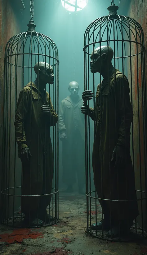 Best quality, masterpiece, circus interior background, human-shaped creatures locked in iron cages, wearing shabby clothes, detailed image texture, grotesque, horror, creepy atmosphere (not AI image), foggy, cloudy weather, colorful lighting