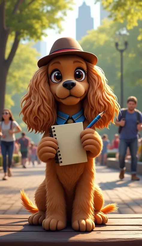 A bustling city park filled with people and activity. Penny(A Cocker Spaniel, Penny has a beautiful, wavy golden coat with large, expressive brown eyes. Her ears are long and fluffy, framing her adorable face. She often wears a small reporters hat and carr...