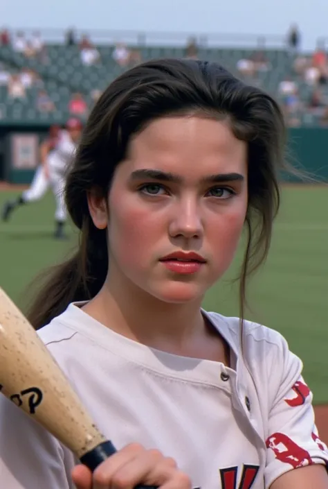 (masterpiece, best quality:1.2), a very beautiful girl, Jennifer Connelly at age 15, she is enjoying baseball as a batter., dymanic photo,