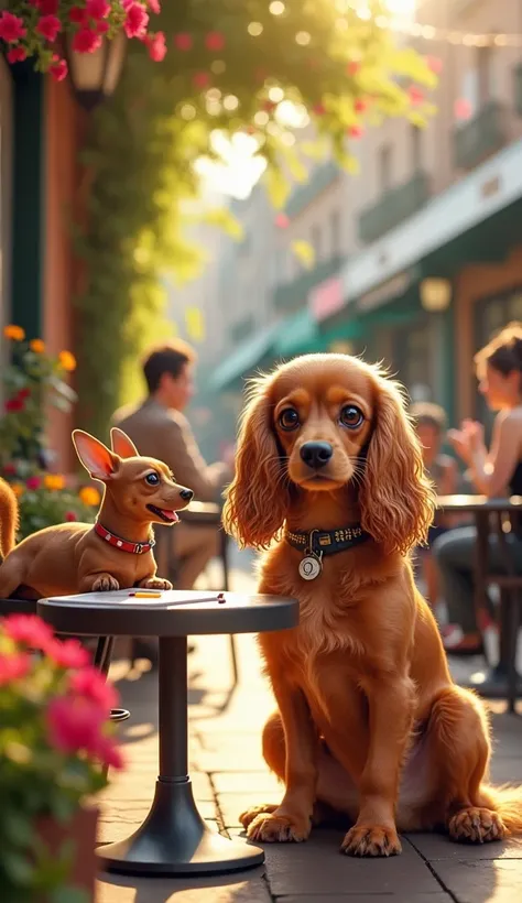 A lively café patio where Penny(A Cocker Spaniel, Penny has a beautiful, wavy golden coat with large, expressive brown eyes. Her ears are long and fluffy, framing her adorable face. She often wears a small reporters hat and carries a tiny notepad and penci...