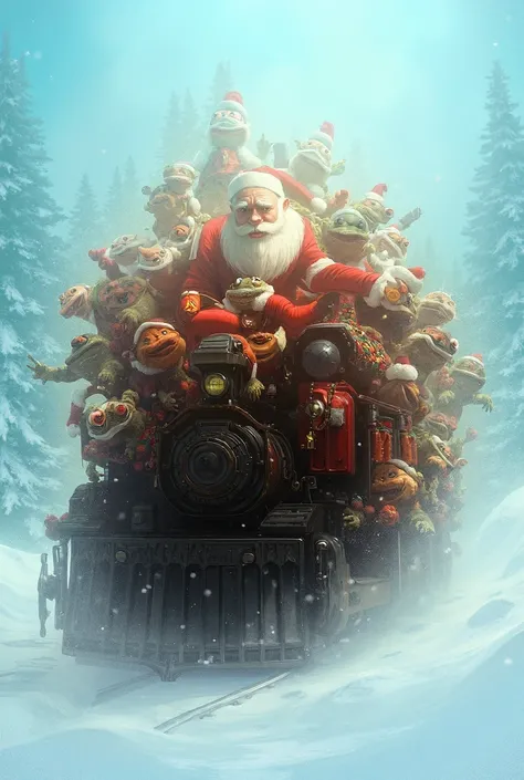 A muscular Santa Claus driving a train full of toad passengers
