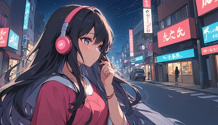 View the night view、sexy long haired indian woman,Streetscape、Indian woman with long hair listening to music on the radio 、 anime style