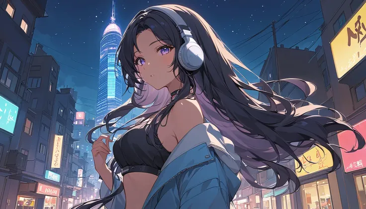 View the night view、sexy long haired indian woman,Streetscape、Indian woman with long hair listening to music on the radio 、 anime style