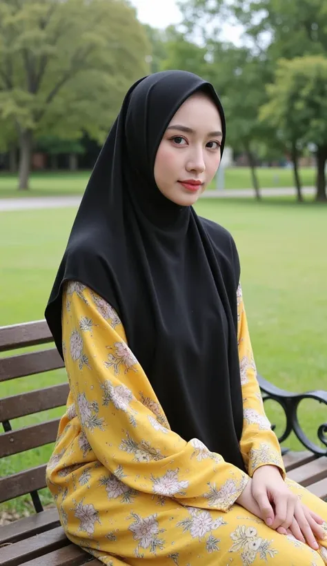 
A lady with an open black chador hijab and a yellow patterned abaya is sitting on a bench in the park and looking at the camera from the side view and from a close up view of her torso

