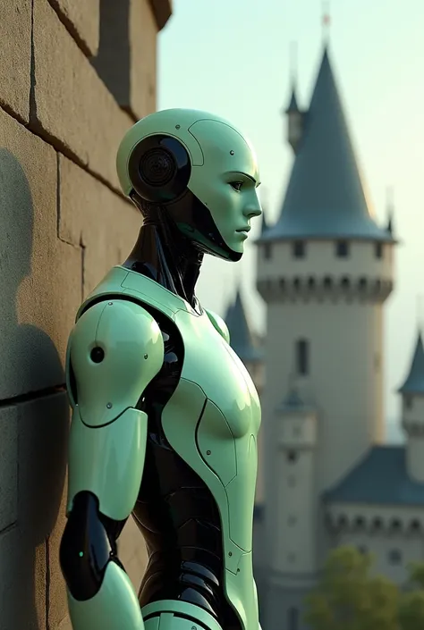   realistic photo , futuristic concept,  a male humanoid Android made by Porsche Motors in light green and black, standing next to a German castle  