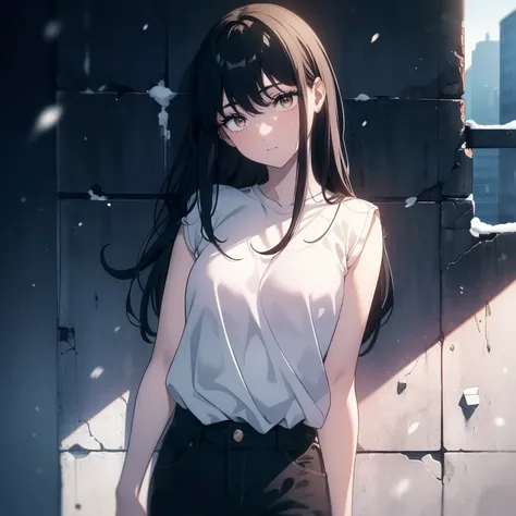 ((((Masterpiece,  best quality,  super high res)))),  1 girl,  standing,  dressed casually,  loose t-shirt ,  loose shorts, ( black hair, dark  black hair in face),  long haircut,  blue-white skin, ((brown eye)), Shine_eye, neon eye, (ultra detailed eye:0....