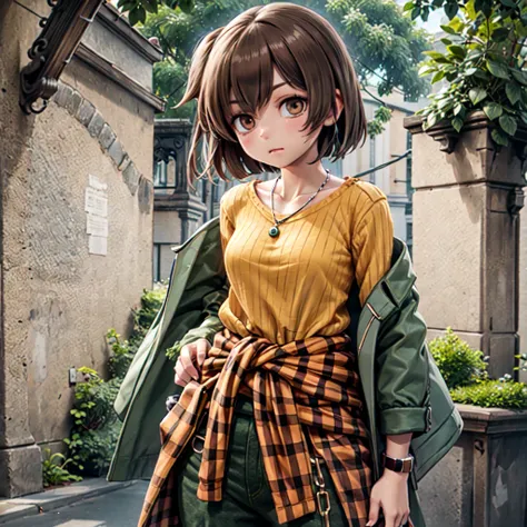 hiryuucasual, 1girl, orange sweater, ribbed sweater, long sleeves, necklace, pendant, bracelet, clothes around waist, jacket around waist, plaid, green pants, brown hair, brown eyes, one side up,