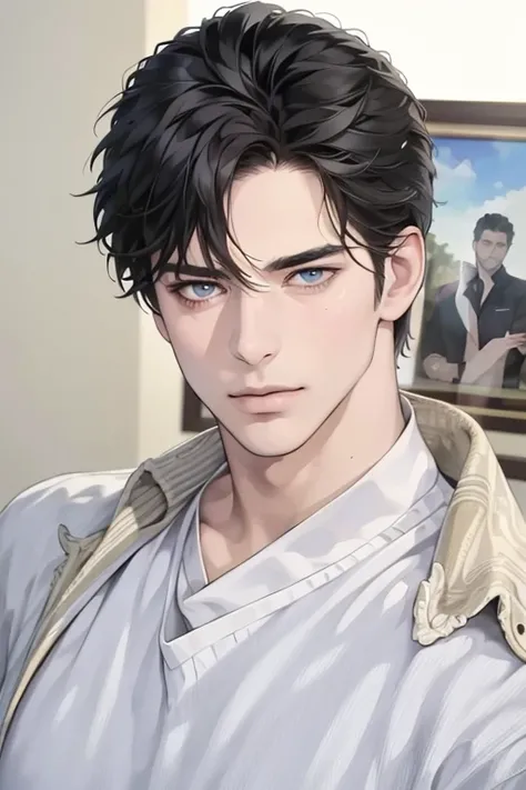 (best quality,4k,8k,highres,masterpiece:1.2),ultra-detailed,(realistic,photorealistic,photo-realistic:1.37),30 year old man,3 day beard,handsome anime,portraits,strong,masculine,dark hair,sharp jawline,mesmerizing eyes,perfectly styled hair,cool anime outf...