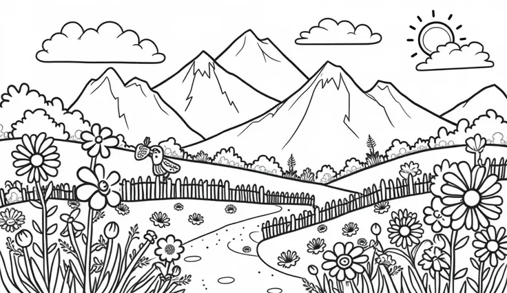 Create a black and white coloring page for preschool ren featuring a beautiful landscape scene with mountains and a garden. In the background, draw tall, majestic mountains with fluffy clouds floating above their peaks. In the foreground, include a vibrant...