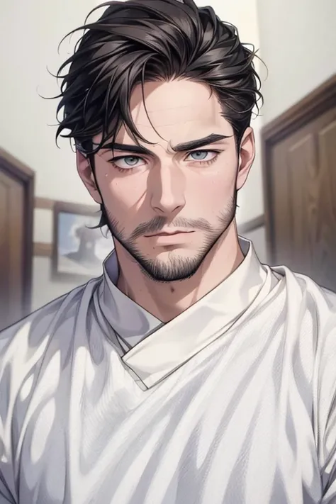 (best quality,4k,8k,highres,masterpiece:1.2),ultra-detailed,(realistic,photorealistic,photo-realistic:1.37),30 year old man,3 day beard,handsome anime,portraits,strong,masculine,dark hair,sharp jawline,mesmerizing eyes,perfectly styled hair,cool anime outf...