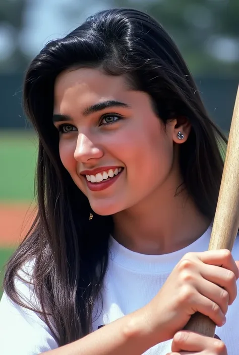 (masterpiece, best quality:1.2), a very beautiful girl, Jennifer Connelly at age 15, she is enjoying baseball as a batter., glossy long straight black hair, joyful smile, dymanic photo,