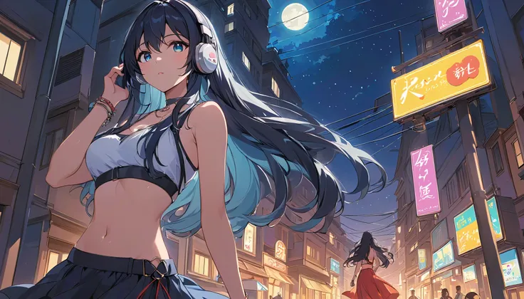 View the night view、sexy long haired indian woman,Streetscape、Indian woman with long hair listening to music on the radio 、 anime style