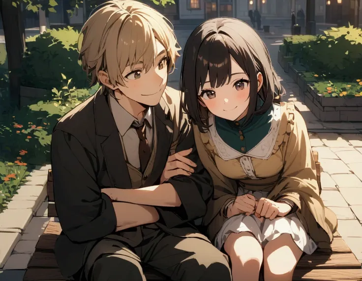 a girl and a boy sitting together smiling on a bench in a square.