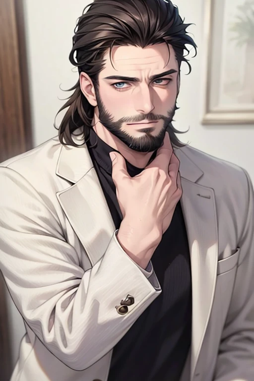 (best quality,4k,8k,highres,masterpiece:1.2),ultra-detailed,(realistic,photorealistic,photo-realistic:1.37),30 year old man,3 day beard,handsome anime,portraits,strong,masculine,dark hair,sharp jawline,mesmerizing eyes,perfectly styled hair,cool anime outf...