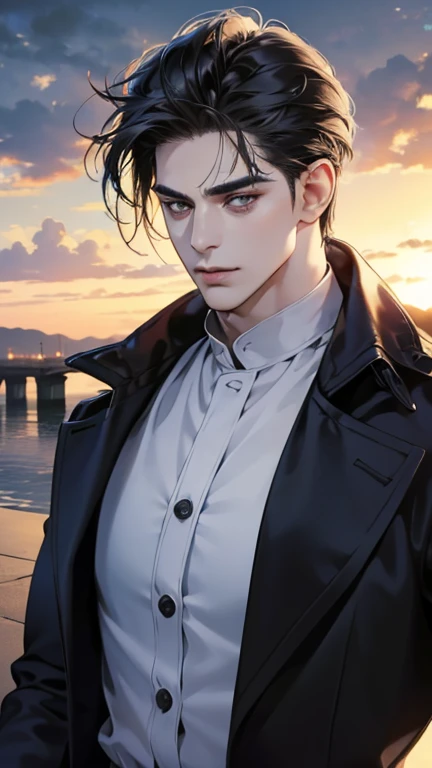 (best quality,4k,8k,highres,masterpiece:1.2),ultra-detailed,(realistic,photorealistic,photo-realistic:1.37),36 year old man,3 day beard,handsome anime,portraits,strong,masculine,dark hair,sharp jawline,mesmerizing eyes,perfectly styled hair,cool anime outf...