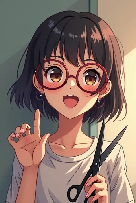 there is a woman with glasses holding a pair of scissors, friendly seductive smile, lovely smile, anime thai girl, very low quality, 8k selfie photograph, 1 , from 8 k matte, cute seductive smile, lovely woman, very very low quality, ruan cute vtuber, 30 y...