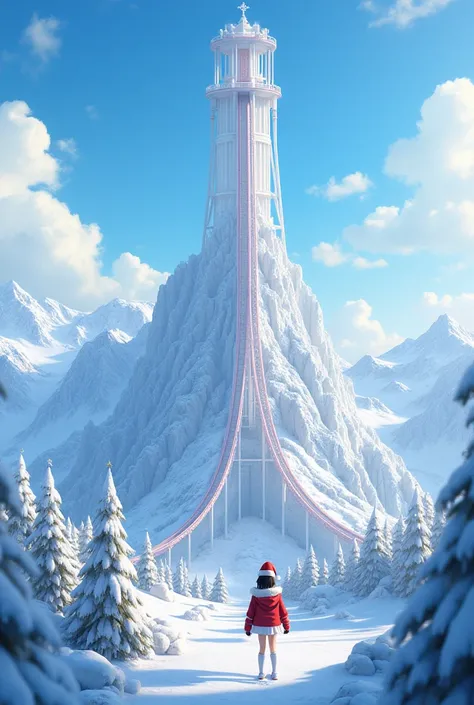 Very tall albino roller coaster on a snowy mountain in a short Christmas jacket and Christmas miniskirt in animated anime style