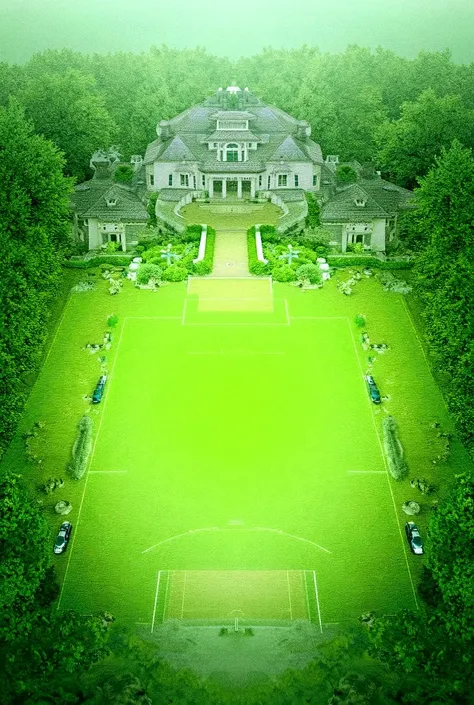  A big house with a soccer field,  A volleyball court , a basketball court and lots of cars  
