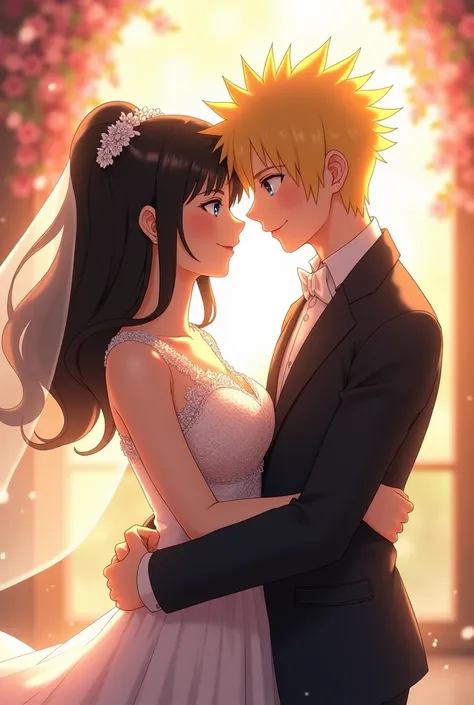 The character uchiha Sarada with beautiful black-eyed hair is pictured with the yellow-haired Uzumaki Boruto character with blue eyes and is wearing a wedding dress and smiling