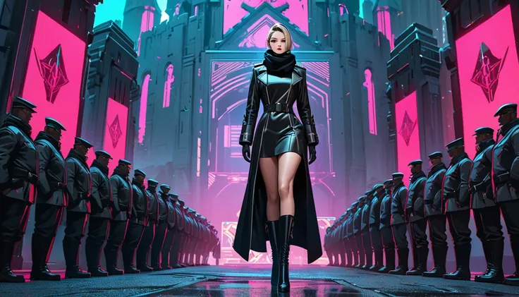 A formidable military woman adorned in a black trench coat and scarf strides proudly in front of an ancient castle gate, She wears black engineer boots and commands the admiration of the people around her, The scene is rendered in a cyberpunk style viewed ...