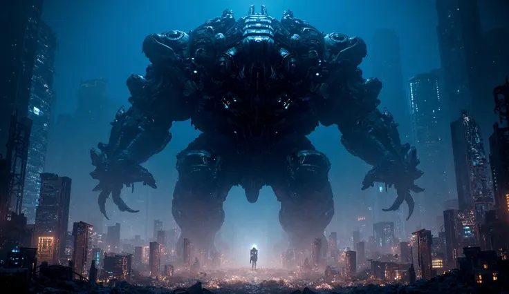 "A massive cybernetic kaiju stomping through a futuristic city at night, towering over skyscrapers with glowing energy cores visible beneath its metallic armor. The robot’s body is a blend of rusted steel and gleaming cybernetic components, with intricate ...