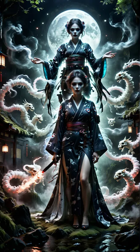 Fantasy Ghostbusters  ， Skull girl with no skin and no blood,  ，  with clear and complete bones  ，  wearing a gorgeous Japanese kimono  ，  has a dark air around her body，  in the dark ，  stands in a misty deep forest canyon ， looking mournfully in front  ，...