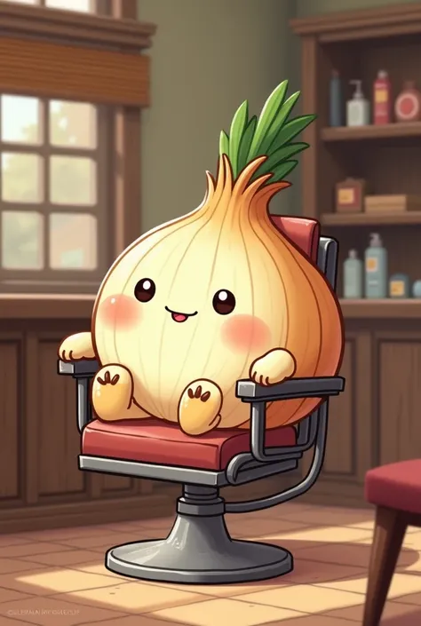 Chibi fluffy onion sitting on the chair at the barbershop 