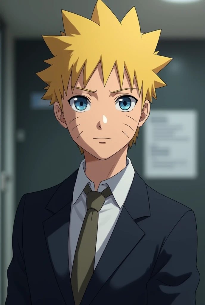 The yellow-haired and blue-eyed Uzumaki Boruto character wears office clothes and has a mature face like a grown man 