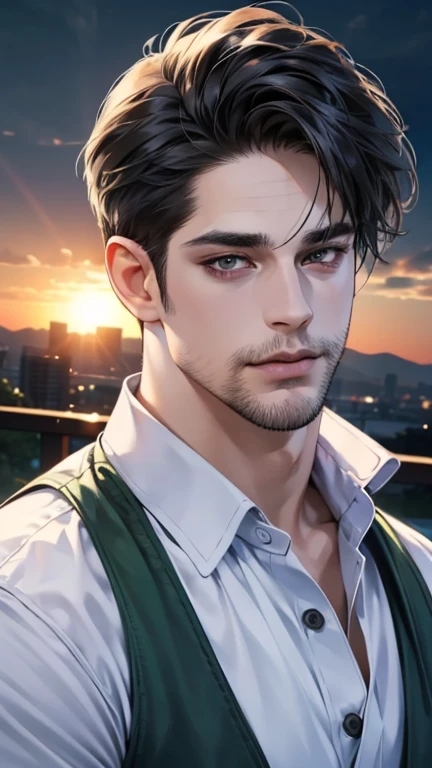 (best quality,4k,8k,highres,masterpiece:1.2),ultra-detailed,(realistic,photorealistic,photo-realistic:1.37),36 year old man,3 day beard,handsome anime,portraits,strong,masculine,dark hair,sharp jawline,mesmerizing eyes,perfectly styled hair,cool anime outf...