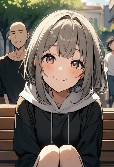 a girl and a boy sitting together smiling on a bench in a square. the boy dressed in a black sweatshirt and the girl in a white sweatshirt