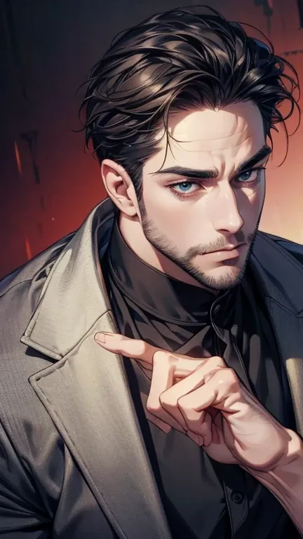 (best quality,4k,8k,highres,masterpiece:1.2),ultra-detailed,(realistic,photorealistic,photo-realistic:1.37),36 year old man,3 day beard,handsome anime,portraits,strong,masculine,dark hair,sharp jawline,mesmerizing eyes,perfectly styled hair,cool anime outf...