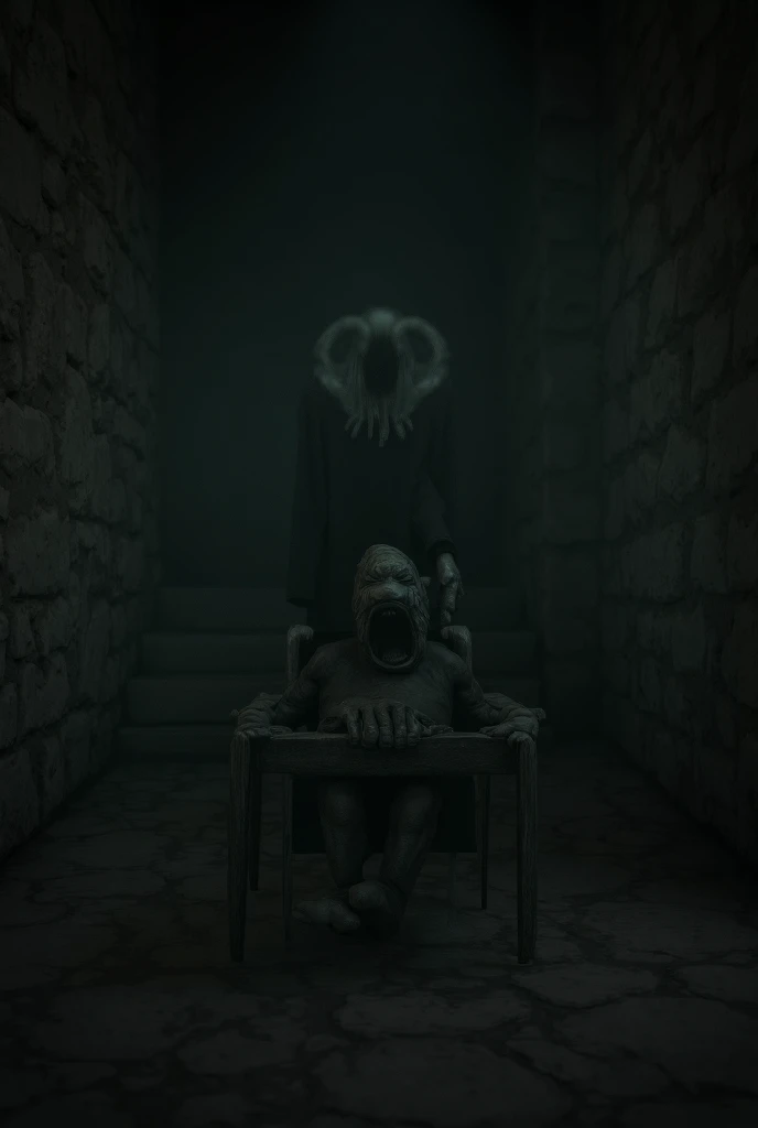 Create a chilling scene set in a dimly lit room where a grotesque, clay-like humanoid figure sits at a table, its mouth agape in silent horror. The walls are rough stone, enhancing the oppressive atmosphere. Incorporate shadows that dance around the creatu...