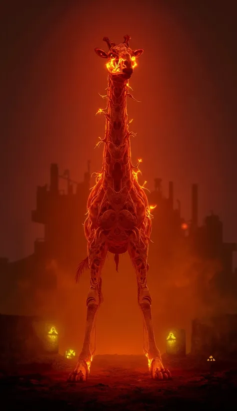 "A hyper-realistic, demonic hybrid creature formed by the fusion of a giant giraffe and fiery threads, transformed into a radioactive demon near an abandoned factory. The giraffes towering body is wrapped in glowing, molten threads of fire, burning with an...