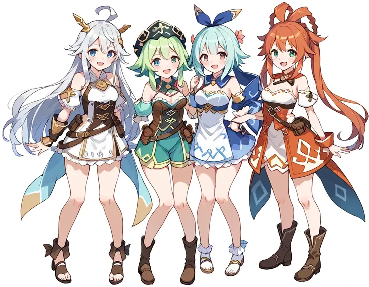  3girls, ((white background)), full body,  high fantasy outfit, , world flipper,