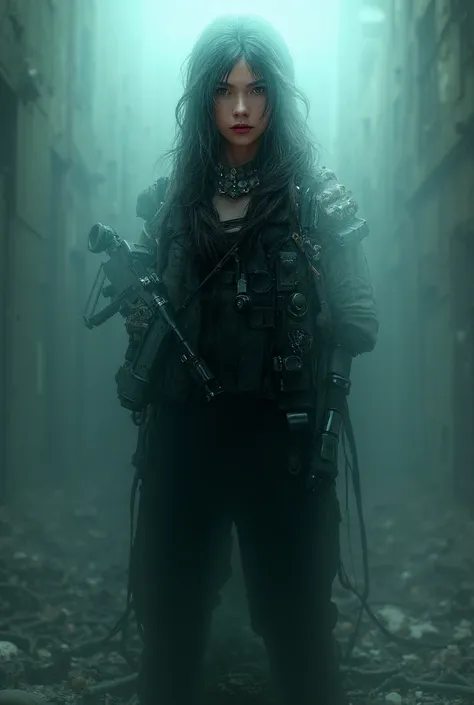 Create a game character which must be girl with cool costume and holding guns and bombs with her and background should be dark and haunted place vibes 