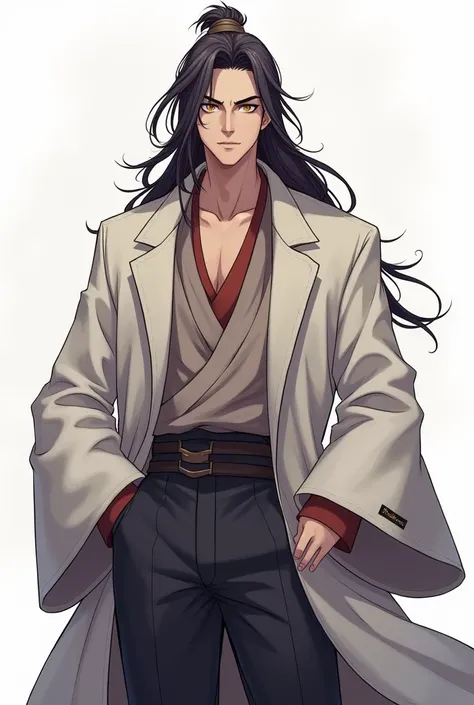 A man with long and flowing hair, dressed in a loose three-piece luxurious coat, Revealing a calm and carefree expression, The style is reminiscent of Chinese martial arts and Japanese anime character design, showcasing a mature artistic style, ( ( charact...