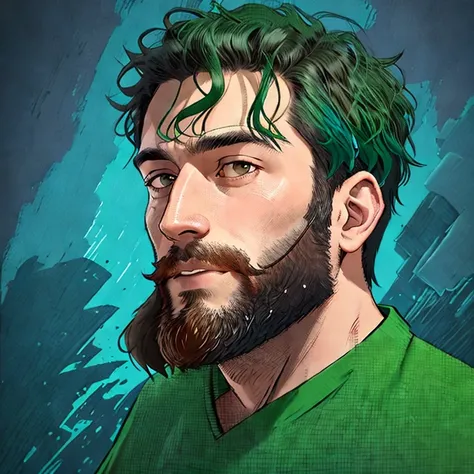 a close up of a man with a beard and a green shirt, detailed color portrait, nft portrait, color portrait, lofi portrait, digital illustration portrait, full color illustration, cartoon digital painting, portrait of danny gonzalez, detailed illustration po...