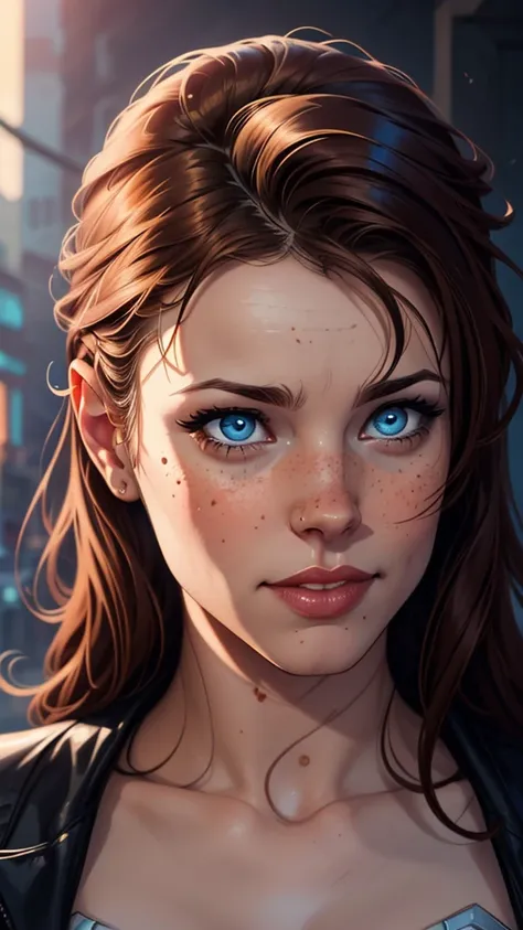 a woman with freckles and a blue eye is shown in three different pictures, neoartcore and charlie bowater, lois van rossdraws, rossdraws 1. 0, charlie bowater art style, rossdraws portrait, realistic art style, stunning digital illustration, realistic digi...