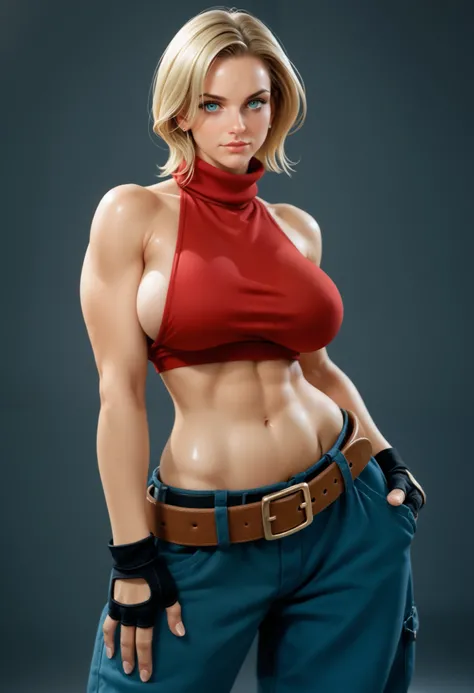  mature woman,big breasts ,wide hip,(cle masahiro:0.85),shiny skin,shiny clothes, sexual , sleeveless turtleneck, sleeveless, baggy pants, loose belt, red crop top, blue_Pants, fingerless gloves, medium blonde hair, American woman,big blue eyes,sideboob