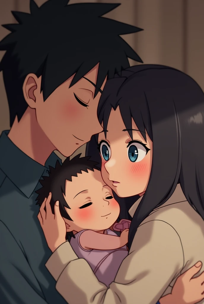 Tiny baby with blue eyes and black hair is falling asleep the  of the characters uchiha sarada and uzumaki Boruto