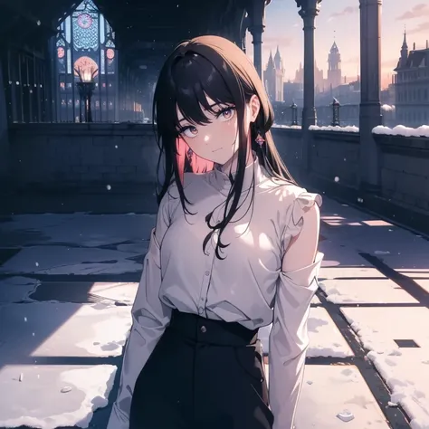 ((((Masterpiece,  best quality,  super high res)))),  1 girl,  standing,  dressed casually, The perfect pink shirt,  loose shorts, ( black hair, dark  black hair in face),  long haircut,  blue-white skin, ((brown eye)), Shine_eye, neon eye, (ultra detailed...