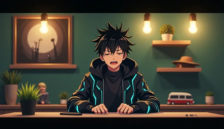 Create an image of a young male anime character
sitting at a modern desk, wearing a black
futuristic jacket with glowing circuit patterns. The
character has spiky black hair and him to show that he is singing. His eyes will be slightly closed. The backgrou...