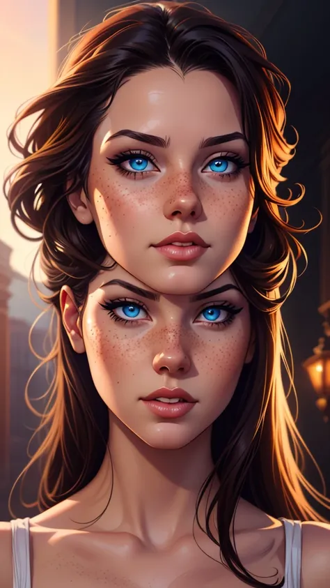 a woman with freckles and a blue eye is shown in three different pictures, neoartcore and charlie bowater, lois van rossdraws, rossdraws 1. 0, charlie bowater art style, rossdraws portrait, realistic art style, stunning digital illustration, realistic digi...